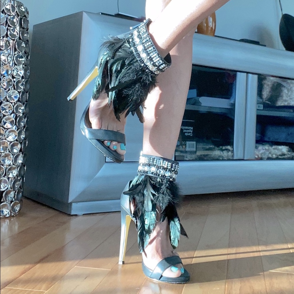 bebe black feather rhinestone stilettos